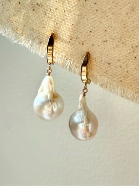 Handmade 14k Gold Filled Chunky Baroque Pearl Drop Huggie Hoop
